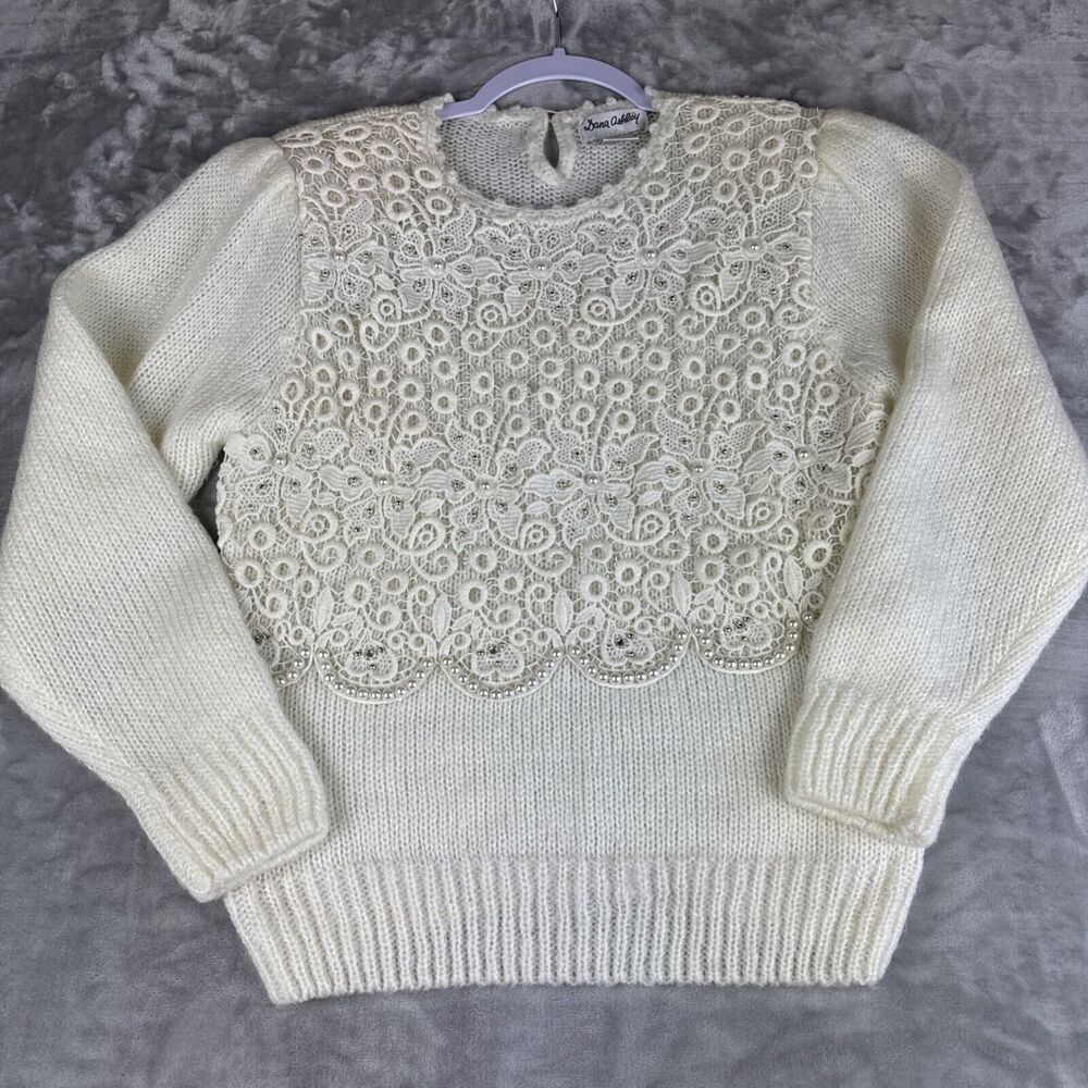 Dana Ashley Knit Sweater Women's Small White‎ Lace Pearls Cottagecore (1167)